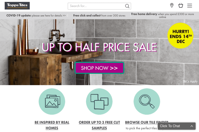 Topps Tiles retail customers turned online when stores closed in lockdown. Image: Screenshot of Toppstiles.co.uk