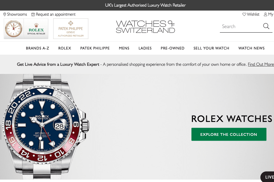 Appointments now support 40% of UK sales at Watches of Switzerland. Image: screenshot of Watches-of-switzerland.co.uk