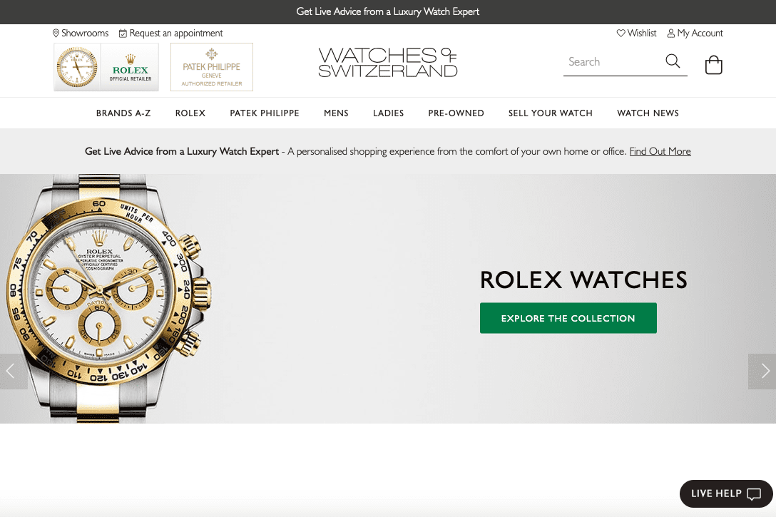 Watches of Switzerland sells both under its own name and those of the brands that it works with. Image: screenshot of watches-of-switzerland.co.uk