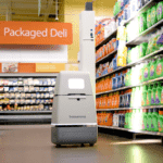 A Bossa Nova robot at work in a supermarket aisle