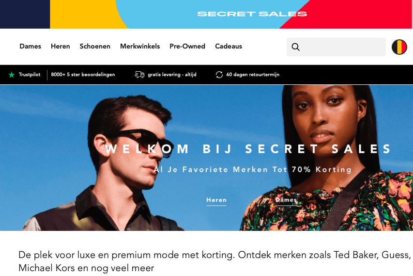 Secret Sales's localised Belgian website. Image: screenshot of secretsales.be