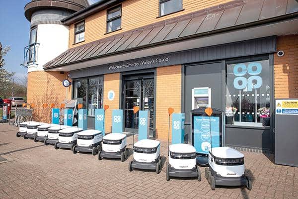 Starship Technologies robots wait for a delivery outside a Co-op branch. Image courtesy of Starship Technologies