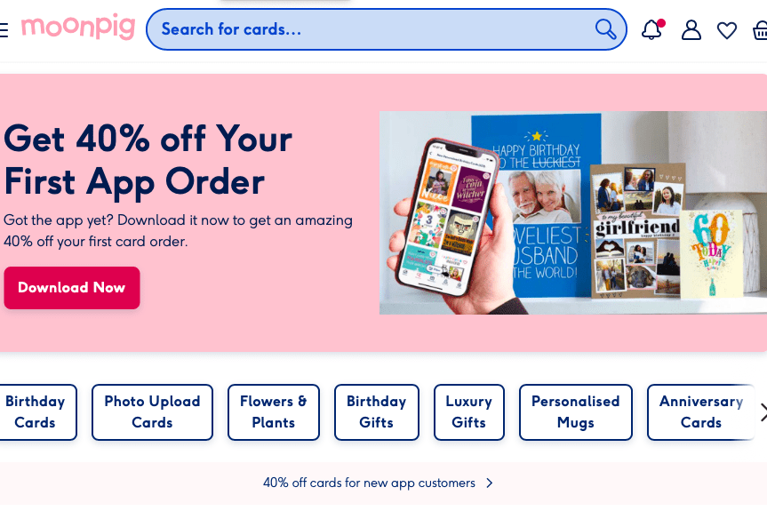 Moonpig sells cards and gifts online – and via its mobile app. Screenshot of Moonpig.com