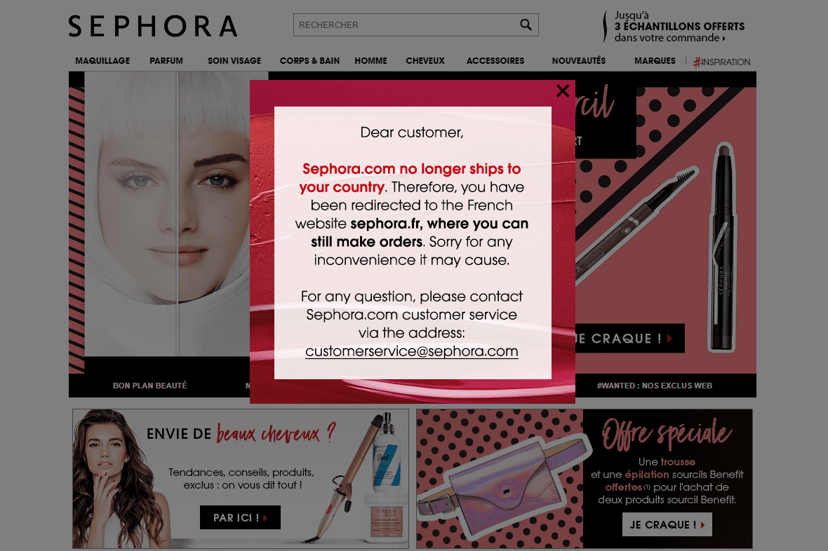 Sephora is no longer shipping to the UK from its US site.