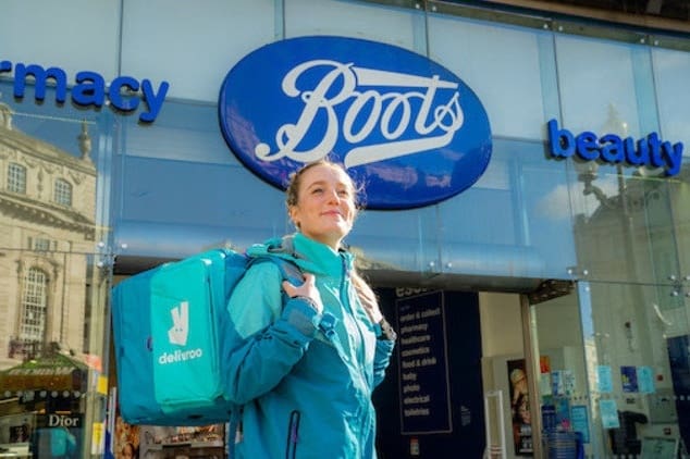 Deliveroo is now moving beyond groceries to deliver health and wellbeing products and stationery. Image courtesy of Deliveroo/Boots
