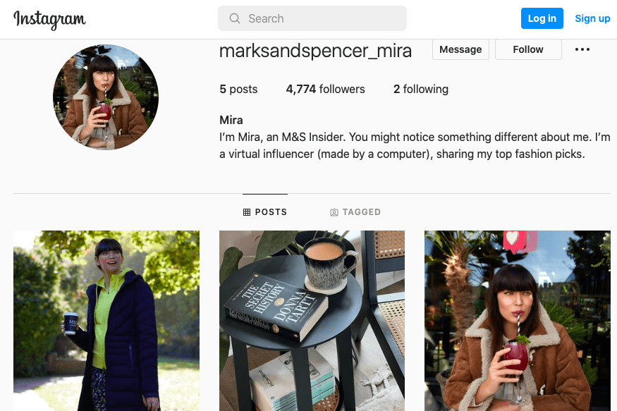 M&S' new virtual influencer Mira. Image: screenshot of https://www.instagram.com/marksandspencer_mira/