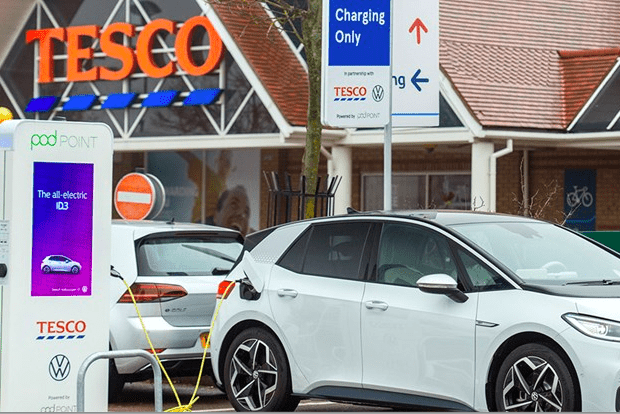 Tesco enables shoppers to charge their electric vehicles as they buy in-store. Image courtesy of Tesco