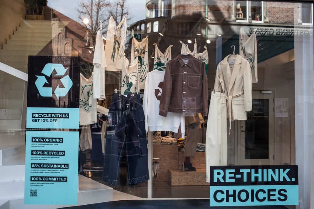 Sweden,,Stockholm,,March,2019.,Storefront,With,Clothes,Made,From,Recycled