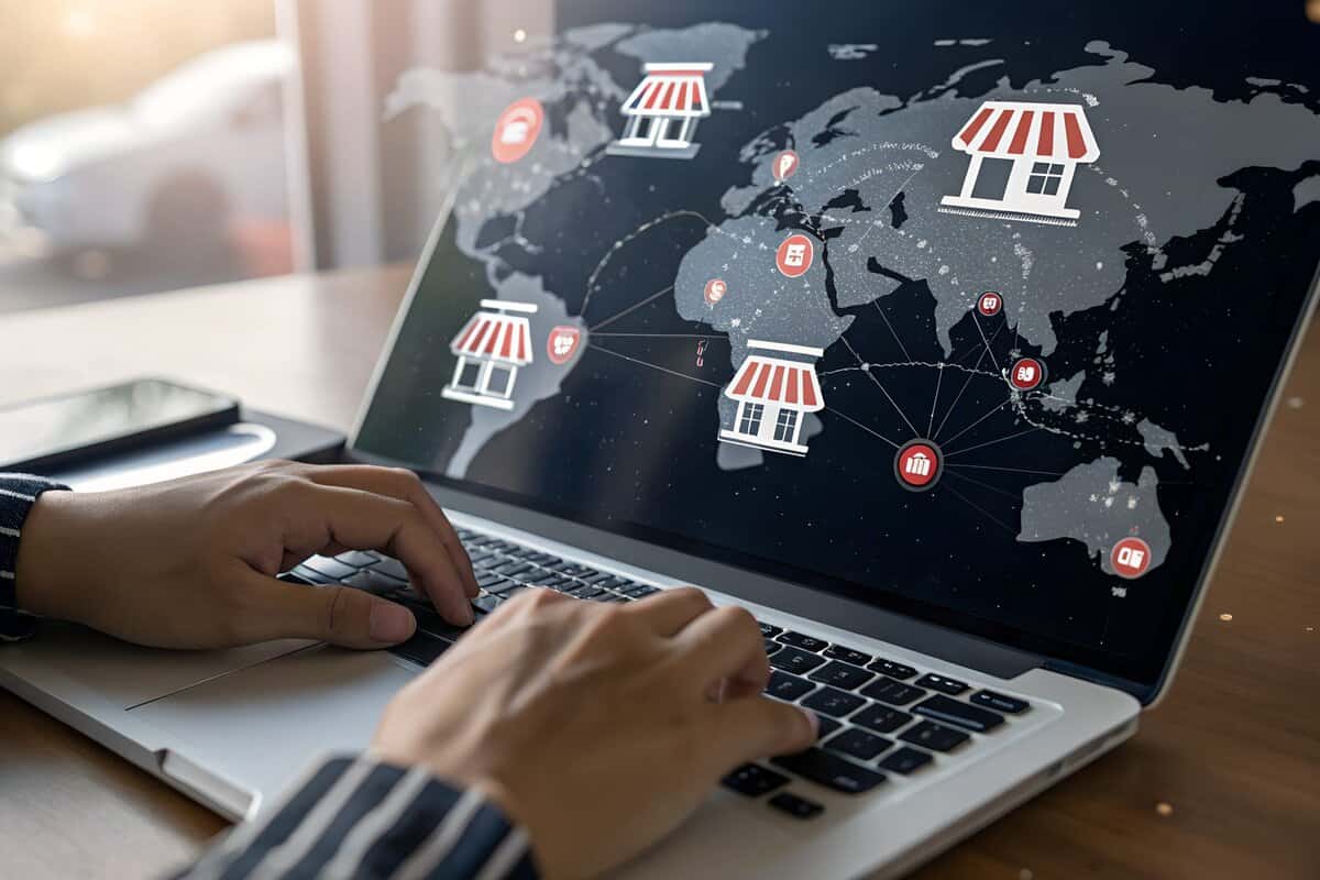 Franchise business store shop concept. Investment expansion with location world map and open new branch shop. Businessman touching franchise icon on virtual screen.