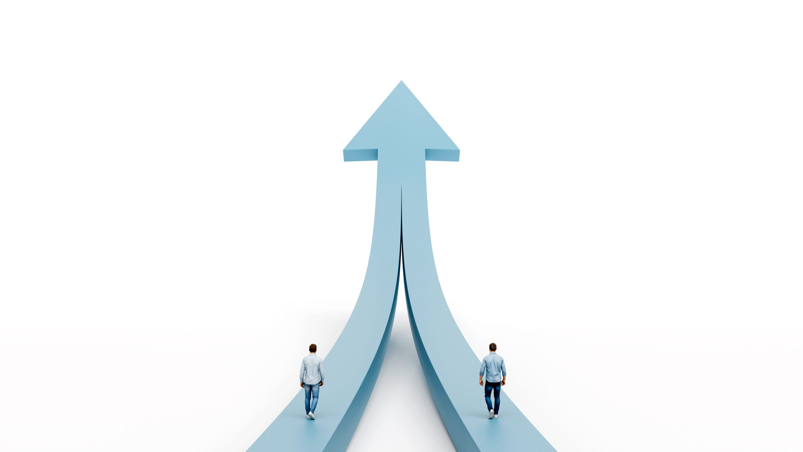 Two men walking on separate paths that merge into a single upward arrow representing partnership and unified strategic growth, 3d render
